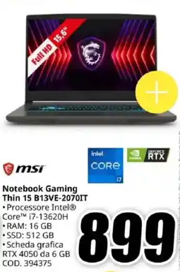 MediaWorld msi Notebook Gaming Thin 15 B13VE-2070IT offerta