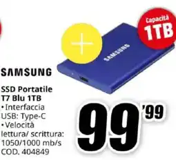 MediaWorld SAMSUNG SSD Portatile T7 Blu 1TB offerta