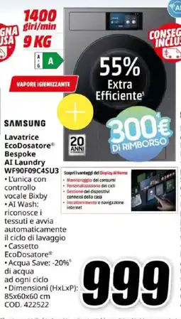 MediaWorld SAMSUNG Lavatrice EcoDosatore Bespoke AI Laundry WF90F09C4SU3 offerta