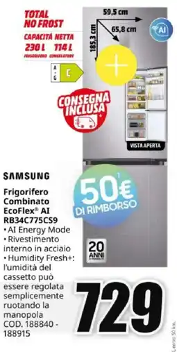 MediaWorld SAMSUNG Frigorifero Combinato EcoFlex AI RB34C775CS9 offerta