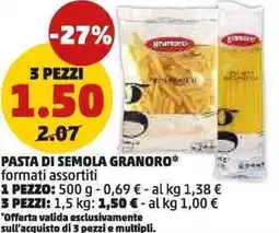 PENNY Pasta di semola GRANORO formati assortiti 3 pezzi offerta