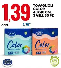 Eurospin Tovaglioli color 40x40 cm, 3 veli, 50 pz Soft Dream offerta