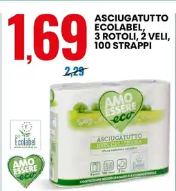 Eurospin Asciugatutto ecolabel, 3 rotoli, 2 veli, 100 strappi AMO ESSERE offerta