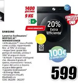 MediaWorld SAMSUNG Lavatrice EcoDosatore BESPOKE AI WW90DB7U94GB offerta