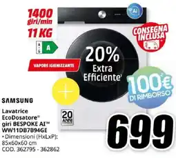 MediaWorld SAMSUNG Lavatrice EcoDosatore giri BESPOKE AI WW11DB7B94GE offerta