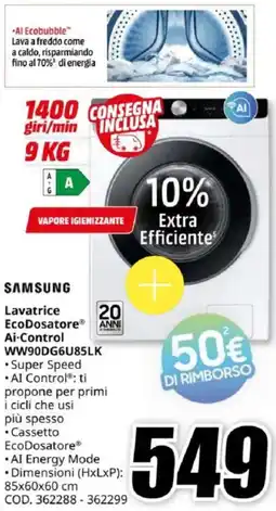 MediaWorld SAMSUNG Lavatrice EcoDosatore Ai-Control WW90DG6U85LK offerta