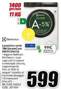 MediaWorld Electrolux Lavatrice serie 700 SteamCare EW7FCH411G offerta