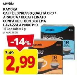 DPiù Kamoka caffè espresso qualità oro / arabica / decaffeinato compatibilicon sistema lavazza a modo mio offerta