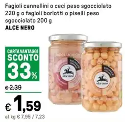 Iper La Grande Fagioli cannellini o ceci peso sgocciolato o fagioli borlotti o piselli peso sgocciolato ALCE NERO offerta