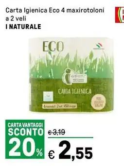 Iper La Grande Carta Igienica Eco 4 maxirotoloni a 2 veli I NATURALE offerta