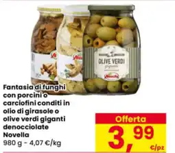 Eurospar Fantasia di funghi con porcini o carciofini conditi in olio di girasole o olive verdi giganti denocciolate Novella offerta