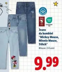 Lidl Jeans da bambini Mickey Mouse, Minnie Mouse, Stitch offerta