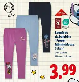 Lidl Leggings da bambina Frozen, Minnie Mouse, Stitch offerta