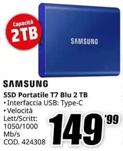 MediaWorld SAMSUNG SSD Portatile T7 Blu 2 TB offerta