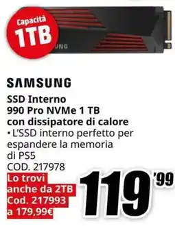 MediaWorld SAMSUNG SSD Interno 990 Pro NVMe 1 TB con dissipatore di calore offerta