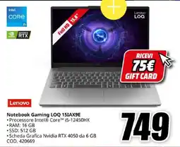 MediaWorld Lenovo Notebook Gaming LOQ 15IAX9E offerta