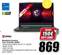 MediaWorld msi Notebook Gaming Thin 15 B13VE-2070IT offerta