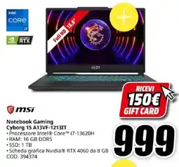 MediaWorld msi Notebook Gaming Cyborg 15 A13VF-1213IT offerta