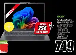 MediaWorld acer Notebook Aspire 14 AI A14-52M-5067 offerta