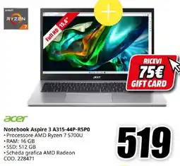 MediaWorld acer Notebook Aspire 3 A315-44P-R5PO offerta