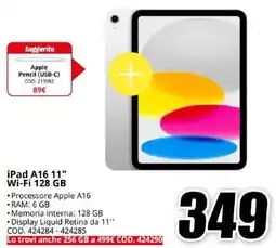 MediaWorld iPad A16 11" Wi-Fi 128 GB offerta