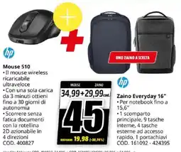 MediaWorld hp Mouse 510 + Zaino Everyday 16" offerta