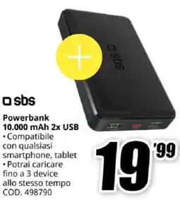 MediaWorld sbs Powerbank 10.000 mAh 2x USB offerta