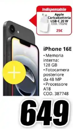 MediaWorld iPhone 16E offerta