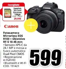 MediaWorld Canon Fotocamera Mirrorless EOS R100 + Obiettivo RF-S 18-45 mm offerta