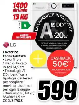 MediaWorld LG Lavatrice F4R3013NSWB offerta