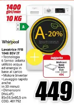 MediaWorld Whirlpool Lavatrice FFB 1048 BSV IT offerta