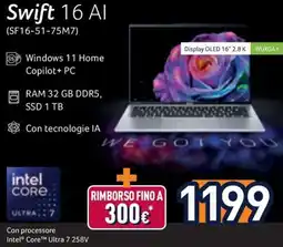 Unieuro acer Swift 16 Al offerta
