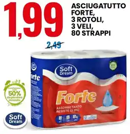 Eurospin Asciugatutto forte, 3 rotoli, 3 veli, 80 strappi Soft Dream offerta
