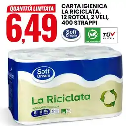 Eurospin Carta igienica la riciclata, 12 rotoli, 2 veli, 400 strappi Soft Dream offerta