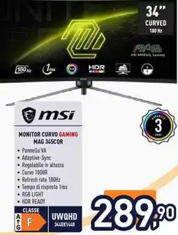 Unieuro msi MONITOR CURVO GAMING MAG 345COR offerta