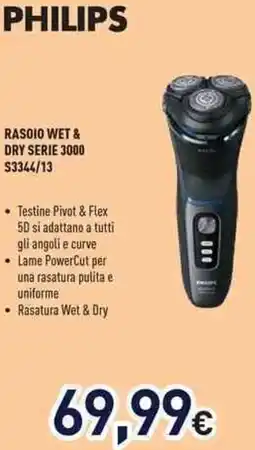 Unieuro PHILIPS RASOIO WET & DRY SERIE 3000 S3344/13 offerta