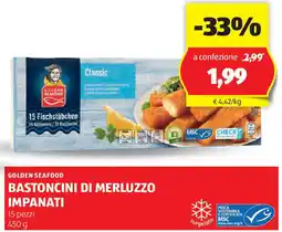 ALDI GOLDEN SEAFOOD Bastoncini di merluzzo impanati 15 pezzi offerta