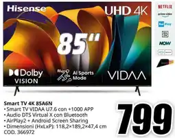 MediaWorld Hisense Smart TV 4K 85A6N offerta