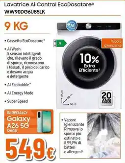 Expert SAMSUNG Lavatrice Ai-Control EcoDosatore WW90DG6U85LK offerta