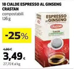 Ipercoop 18 cialde espresso al ginseng CRASTAN offerta