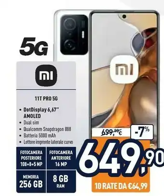 Unieuro Xiaomi 11t pro 16,9 cm (6.67") doppia sim miui 12.5 5g usb tipo-c 8 gb 256 gb 5000 mah grigio offerta