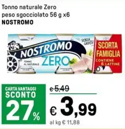 Iper La Grande Tonno naturale Zero peso sgocciolato NOSTROMO offerta