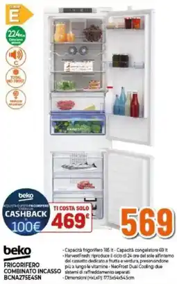Expert beko FRIGORIFERO Combinato incasso BCNA275E4SN offerta