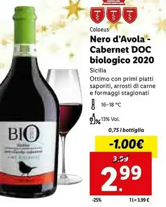 Lidl Coloeus - nero d'avola cabernet 750 g(ml) offerta