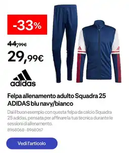 Decathlon adidas Felpa allenamento adulto Squadra 25 ADIDAS blu navy/bianco offerta