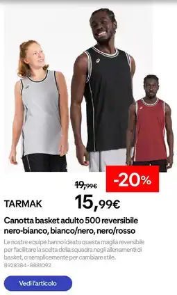 Decathlon TARMAK Canotta basket adulto 500 reversibile nero-bianco, bianco/nero, nero/rosso offerta