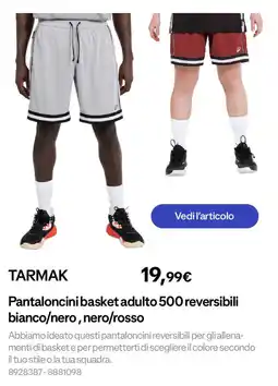 Decathlon TARMAK Pantaloncini basket adulto 500 reversibili bianco/nero, nero/rosso offerta