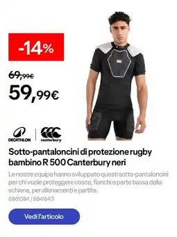 Decathlon Sotto-pantaloncini di protezione rugby bambino R 500 Canterbury neri offerta