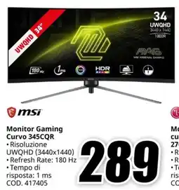 MediaWorld MSI Monitor Gaming Curvo 345CQR offerta