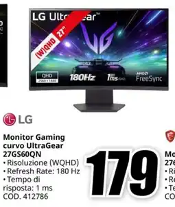 MediaWorld LG Monitor Gaming curvo UltraGear 27GS60QN offerta
